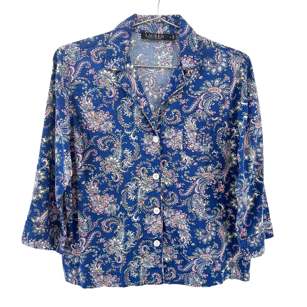 LAUREN RALPH LAUREN Cropped 3/4 Sleeve Paisley Pajama Top • Small • blue